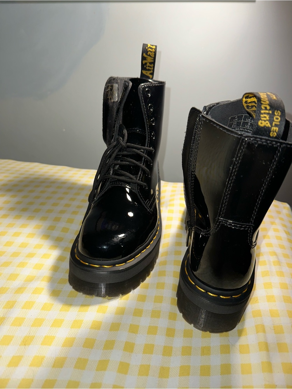 Dr. Martens Black Patent Platform Lace-Up Combat Boots with Yellow Stitching